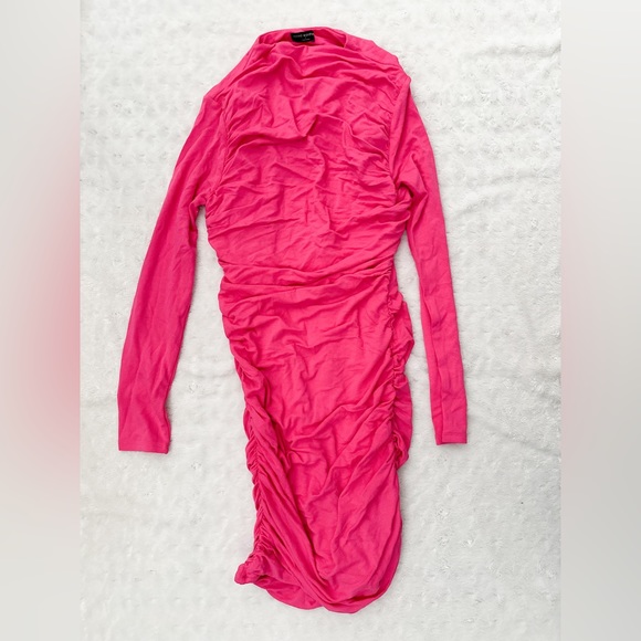 NWOT- Naked Wardrobe ruched long sleeve open back mini dress in raspberry - Picture 5 of 13